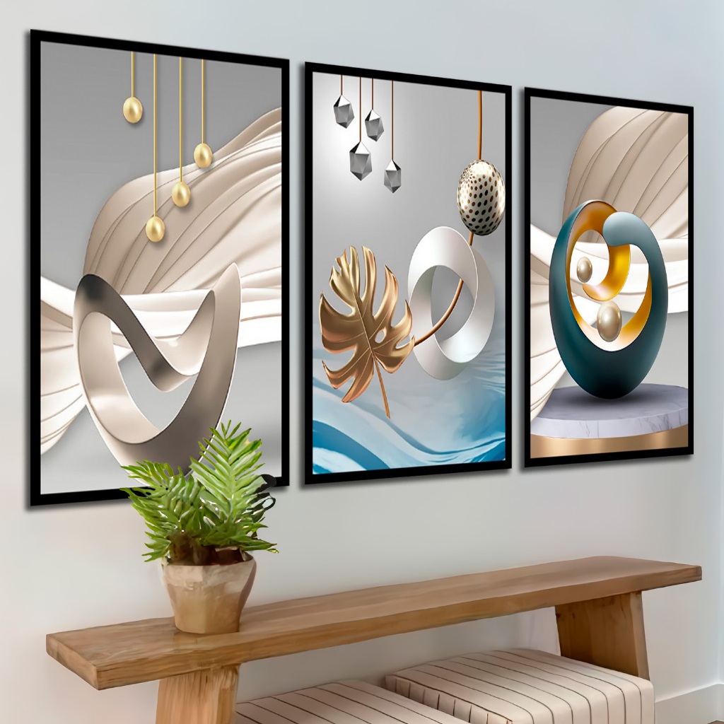 Quadro Decorativo 3 Pçs Abstrato Geométrico Circulo Cinza Para Sala Promoção