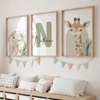 Quadro decorativo 3 peças 40x60 safari animais elefante girafa letra nome personalizado quarto infantil bebê criança