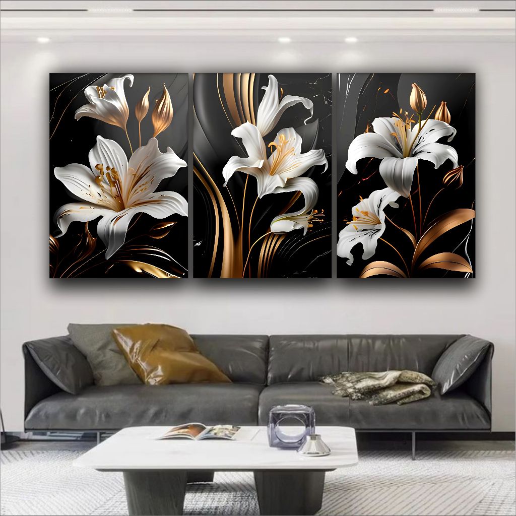 Quadro Decorativo Lírios Branco Dourado Flor Sala Quarto 3 peças