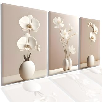 Quadro decorativo vasos flores mármore branco quartzo 3 peças sala quarto cozinha e escritório decoraçao