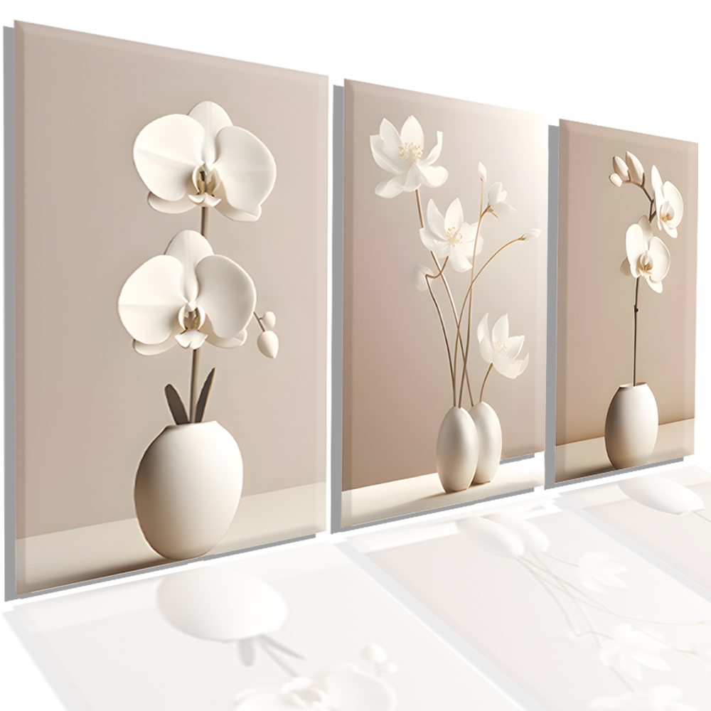 Quadro decorativo vasos flores mármore branco quartzo 3 peças sala quarto cozinha e escritório decoraçao