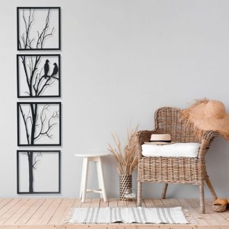 Quadros Decorativo Árvore com Casal de Pássaros vertical 4 Peças 30x30 MDF Decoração