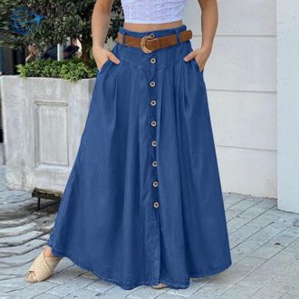 Saia Longa Feminina Com Botão/Bolsos Frontais/Retro/Casual