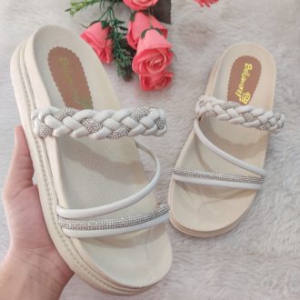Sandália Papete Feminina Birken Enfeite Trançado De Strass Solado Alto Elegante OffWhite, Preto,Rosa