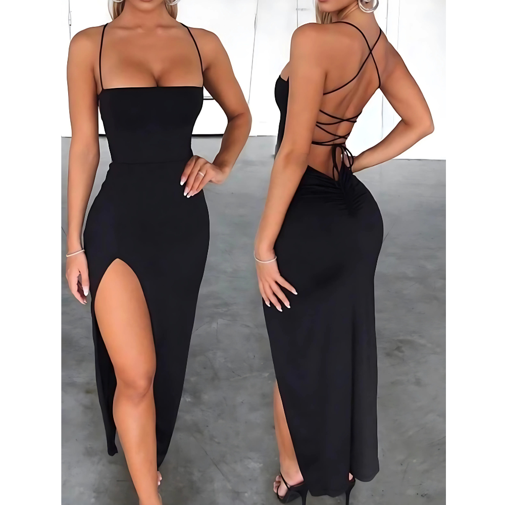 Vestido Alcinha Colado Longo Costa Nua Trançado Empina Bumbum Com Fenda Elegante Festa