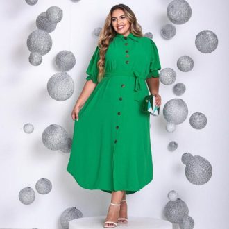 VESTIDO CHEMISE MODA EVANGELICA MANGA CURTA COM DETALHE EM LASTEX PLUS-SIZE.