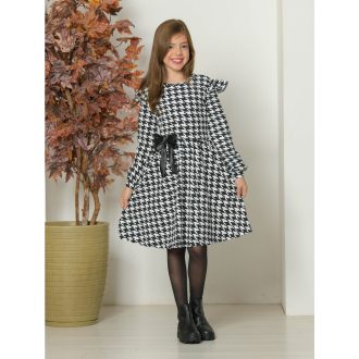 Vestido Com Estampa Pied De Poule De Laço Frontal Para Meninas Jovens