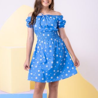 Vestido Curto Juvenil Azul Lastex Moda Cristã Elegante