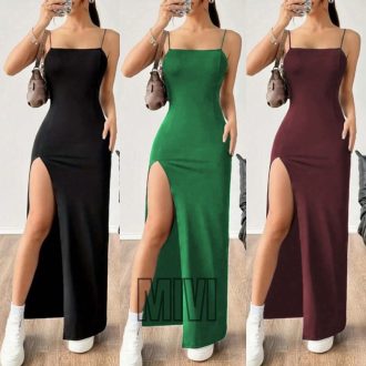 Vestido feminino Longo tecido canelado com Fenda Sensual alças Finas