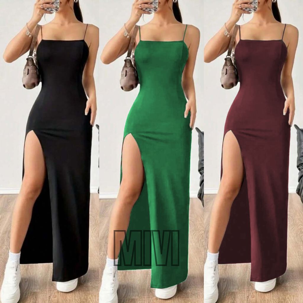Vestido feminino Longo tecido canelado com Fenda Sensual alças Finas