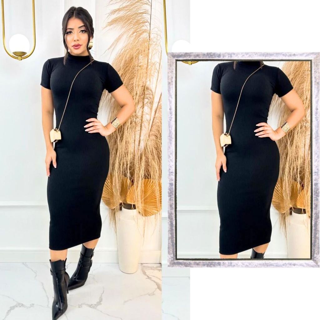 Vestido Feminino Midi Canelado com Manga Elegância e Ousadia em Uma Peça