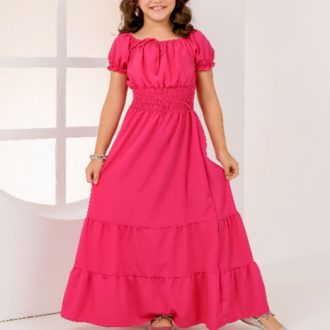 Vestido Juvenil Midi de Menina Pink Três Maria Longo Rosa Com babado Moda Evangélica festa