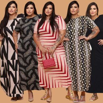 Vestido Longo Curve Curvy Plus size moda evangélica com fenda estampado e liso do 44 ao 58
