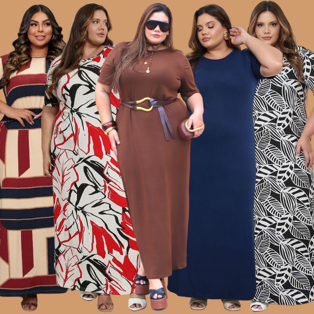 Vestido longo evangélico festa Plus size Curve Curvy Preto estampado