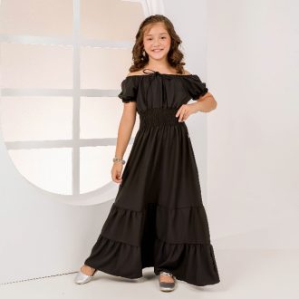 Vestido Longo Infanto Juvenil Preto Manga Tecido Elegante