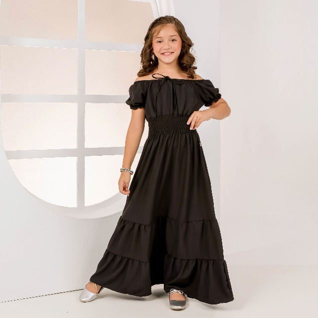 Vestido Longo Infanto Juvenil Preto Manga Tecido Elegante