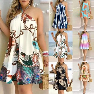 Vestido solto plus size de verão feminino com decote halter e ombros de fora