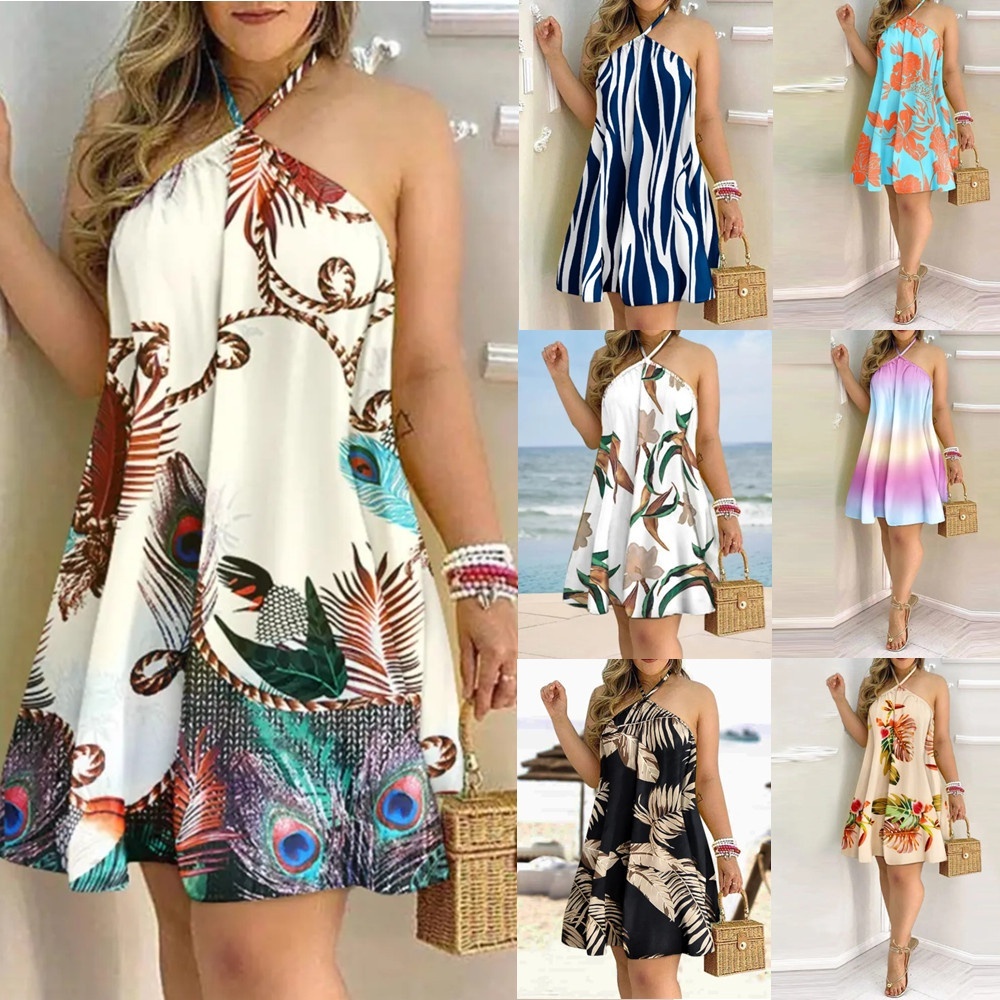 Vestido solto plus size de verão feminino com decote halter e ombros de fora