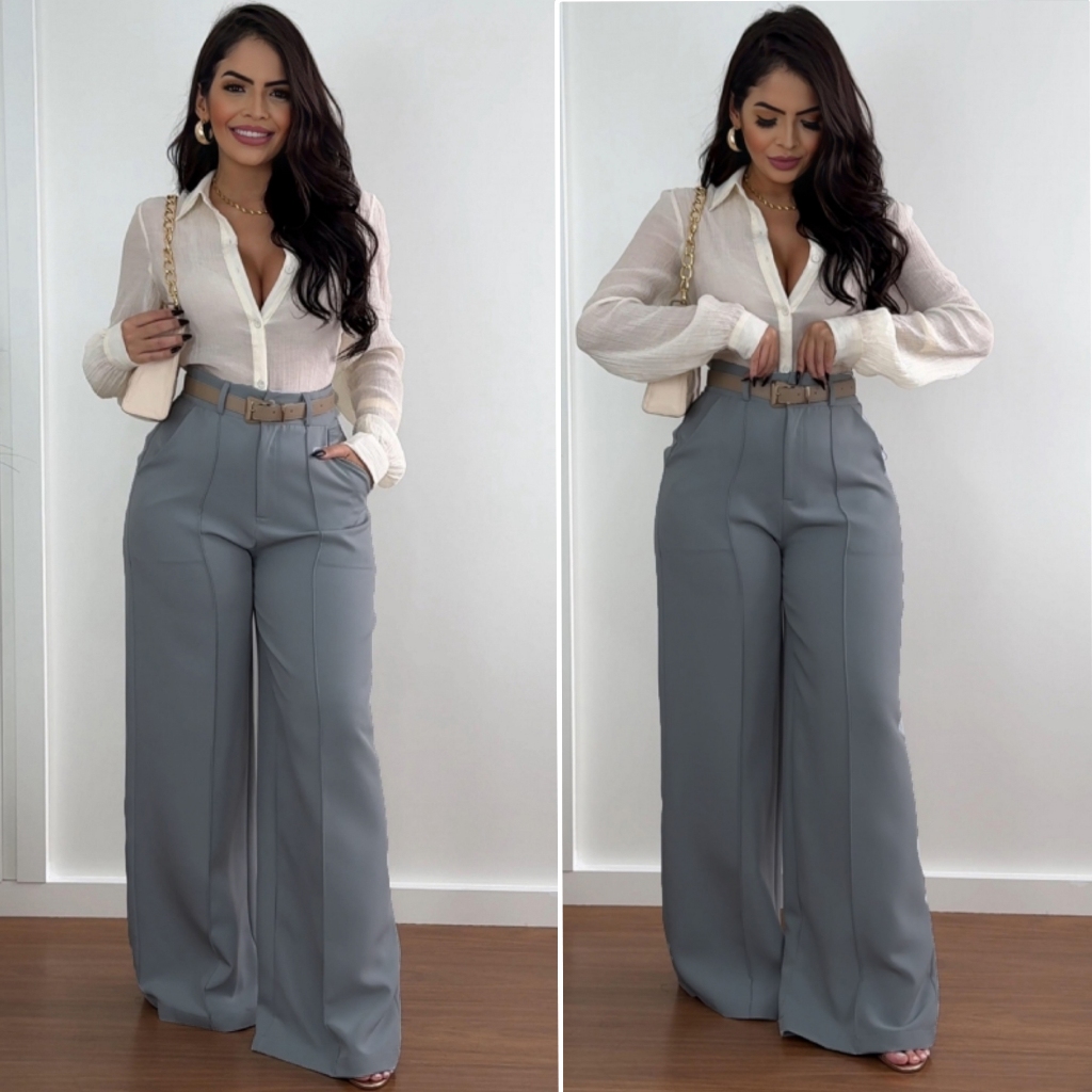 Calça Pantalona Feminina Alfaiataria Anastácia com Bolso