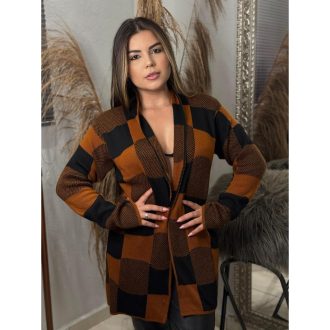Casaco Sobretudo Feminino Alfaiataria Estampa Xadrez Quadriculado Max Kimono Blusa de Frio Blazer Cardigan tricot Lovito