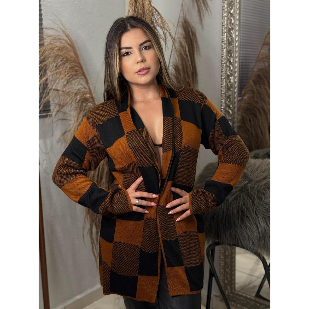 Casaco Sobretudo Feminino Alfaiataria Estampa Xadrez Quadriculado Max Kimono Blusa de Frio Blazer Cardigan tricot Lovito