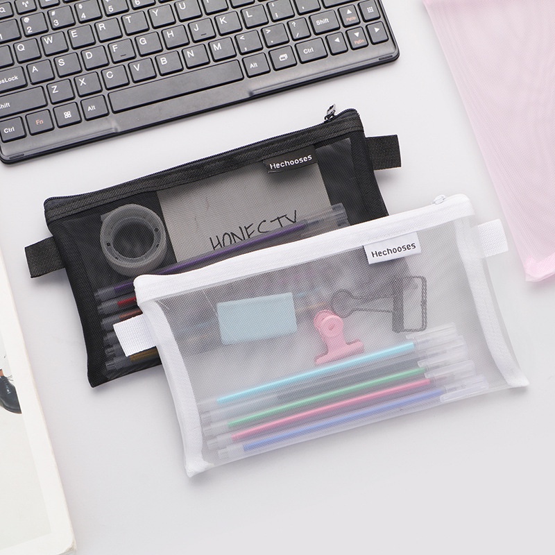 Estojo para lápis de malha transparente simples Office Estojo para lápis de estudante Nylon Kalem Kutusu Material escolar Caixa