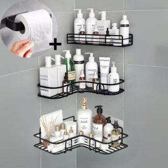 Kit Suporte Prateleira Porta Shampoo de Canto e Reto Com Adesivo Organizador