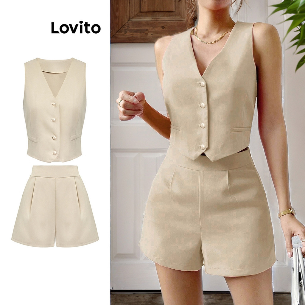 Lovito Conjuntos De Shorts Elegantes Com Botões Lisos E Bolsos Frontais Para Mulheres L74ED069