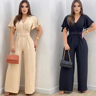 Macacão Longo Pantalona Feminino com Cinto | Tecido Duna Elegante | Sem Bojo | Com Cinto Removível | Pronta Entrega