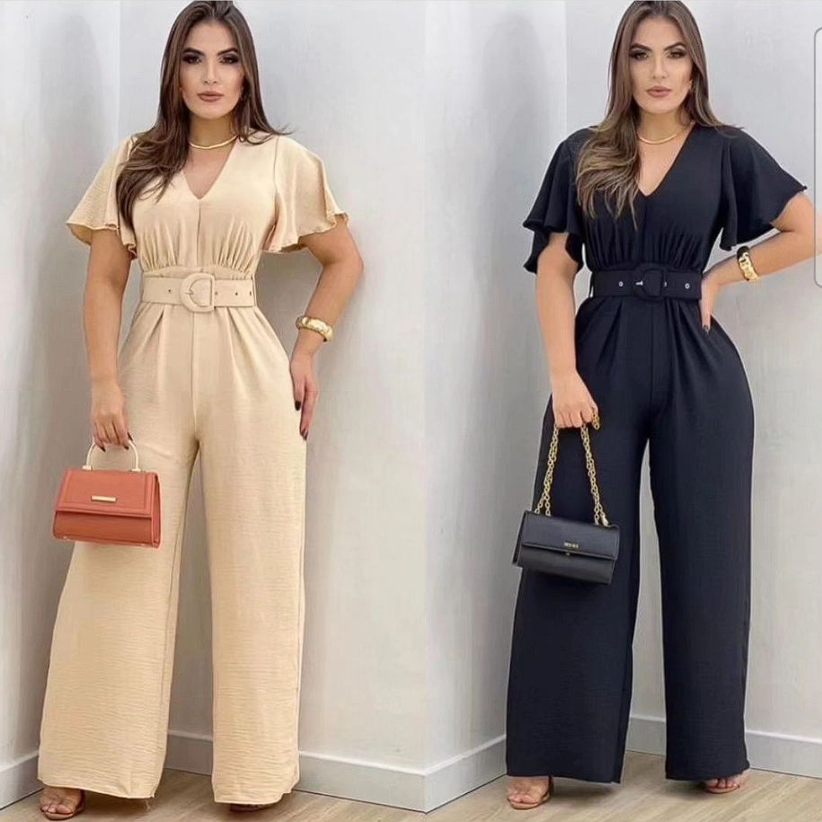 Macacão Longo Pantalona Feminino com Cinto | Tecido Duna Elegante | Sem Bojo | Com Cinto Removível | Pronta Entrega
