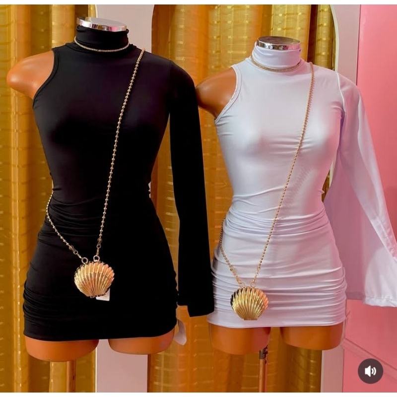Vestido Feminino Canelado Curto Uma Manga Lateral Moda Gringa