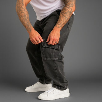 Calça Jeans Cargo Masculina Streetwear Preta Mescla 34 Ao 44