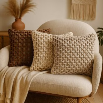 Capa de Almofada Corda Trançada Decorativa Rustica Boho Cru Areia Chocolate Terracota 43x43