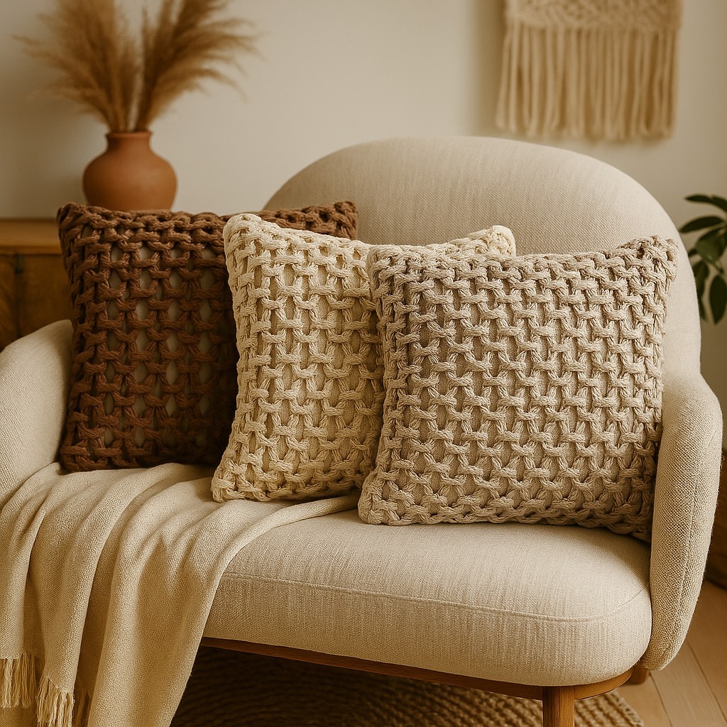 Capa de Almofada Corda Trançada Decorativa Rustica Boho Cru Areia Chocolate Terracota 43x43