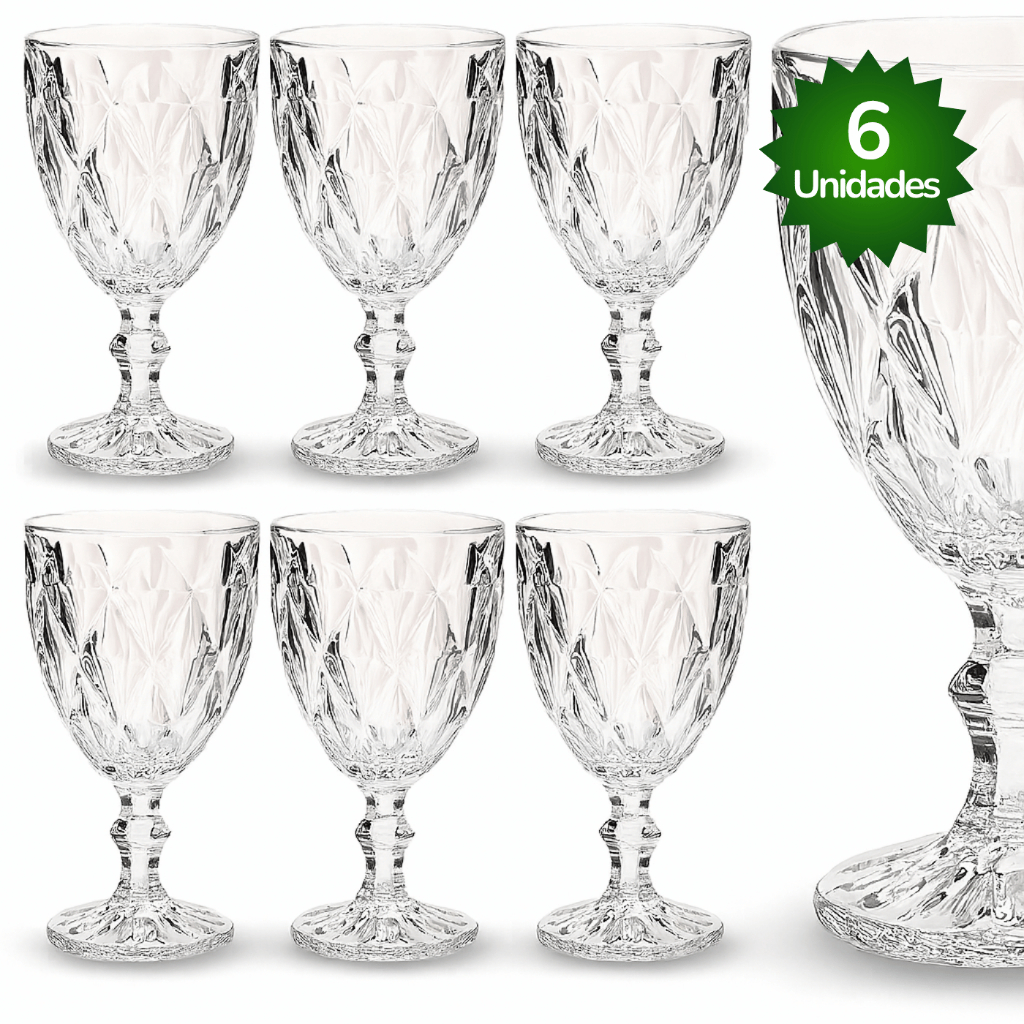 Jogo 6 Taça Diamante Copo Vidro Transparente Bico De Jaca 330ml