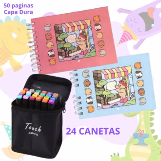 Kit Livro De Colorir Capa Dura 50 Páginas ante mancha + Canetinhas Marca Texto 24/36cores ou Livro