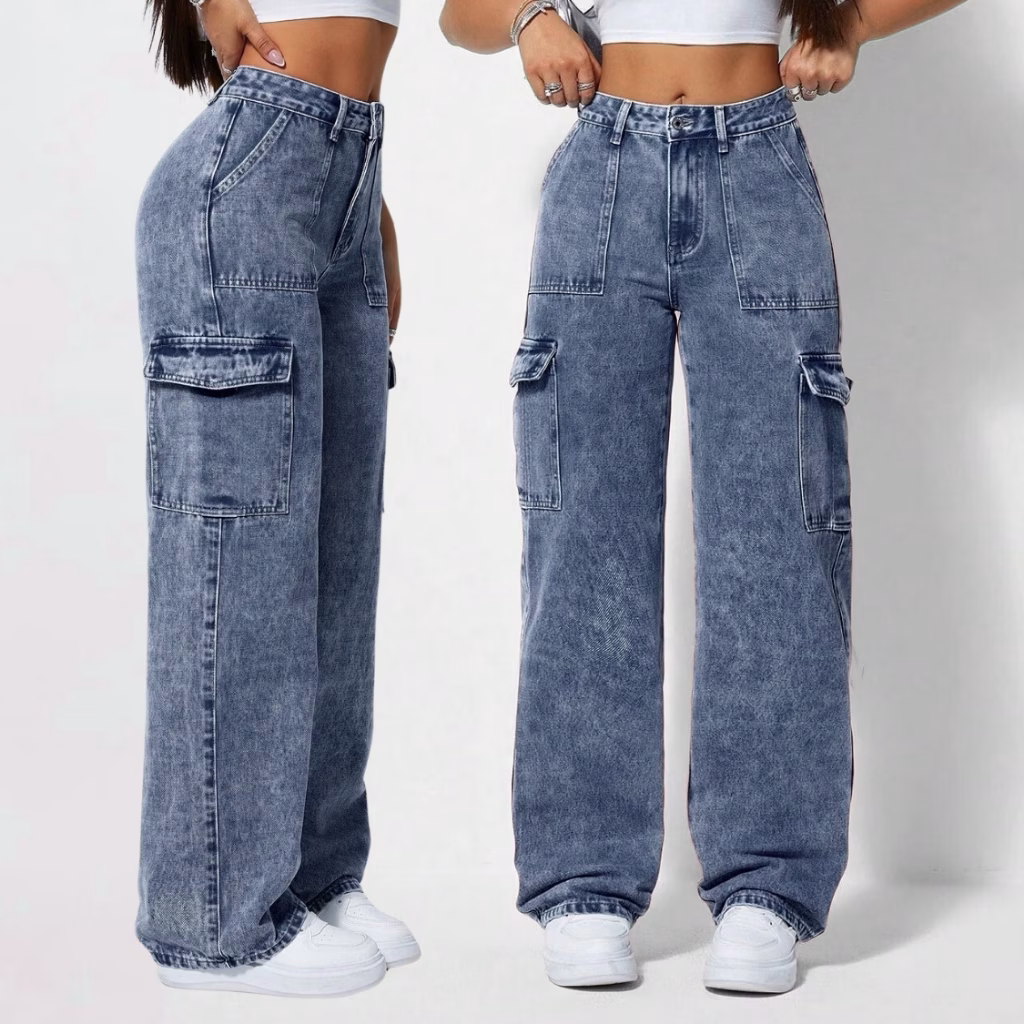 Calça Cargo Jeans Feminina Bolso Lateral Cintura Alta Wide Leg Pantalona