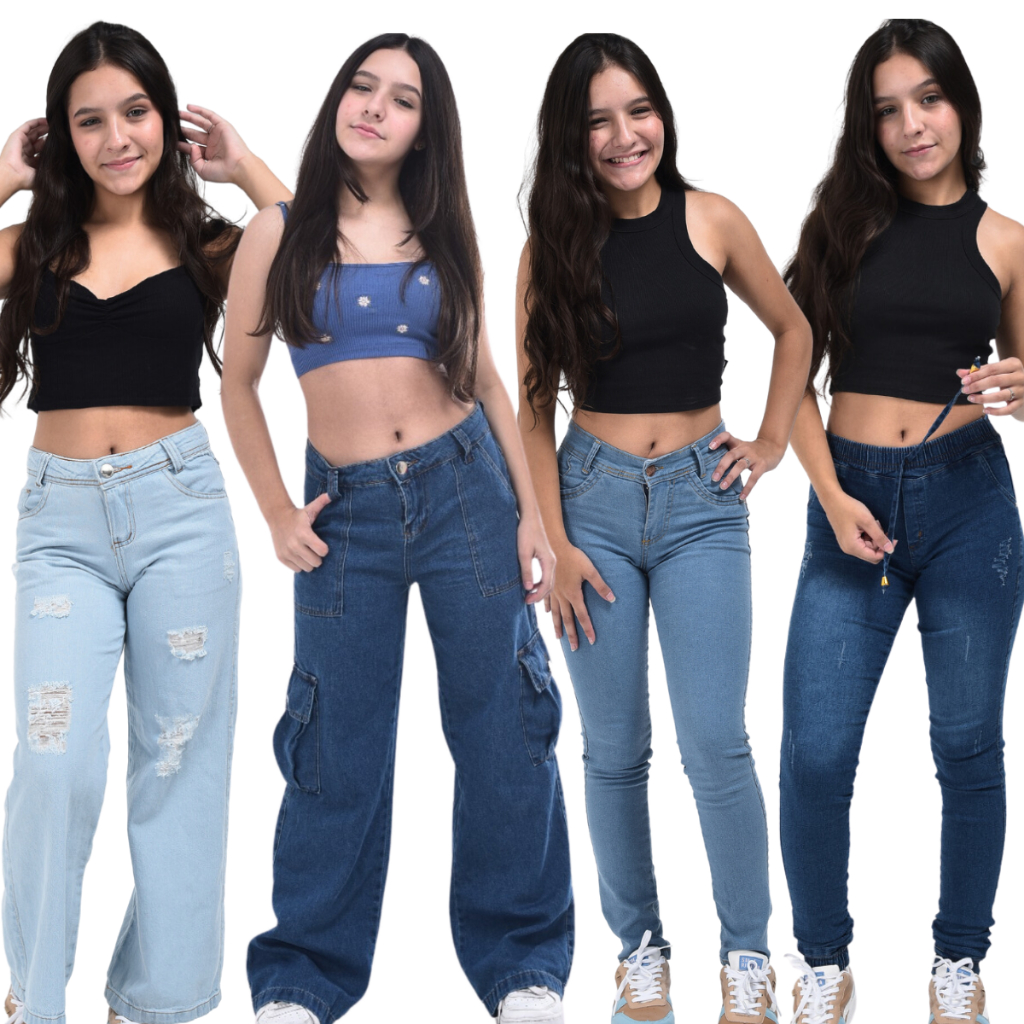 Calça jeans feminina infantil juvenil 10 ao 16 premium cargo wide leg pantalona slim skinny