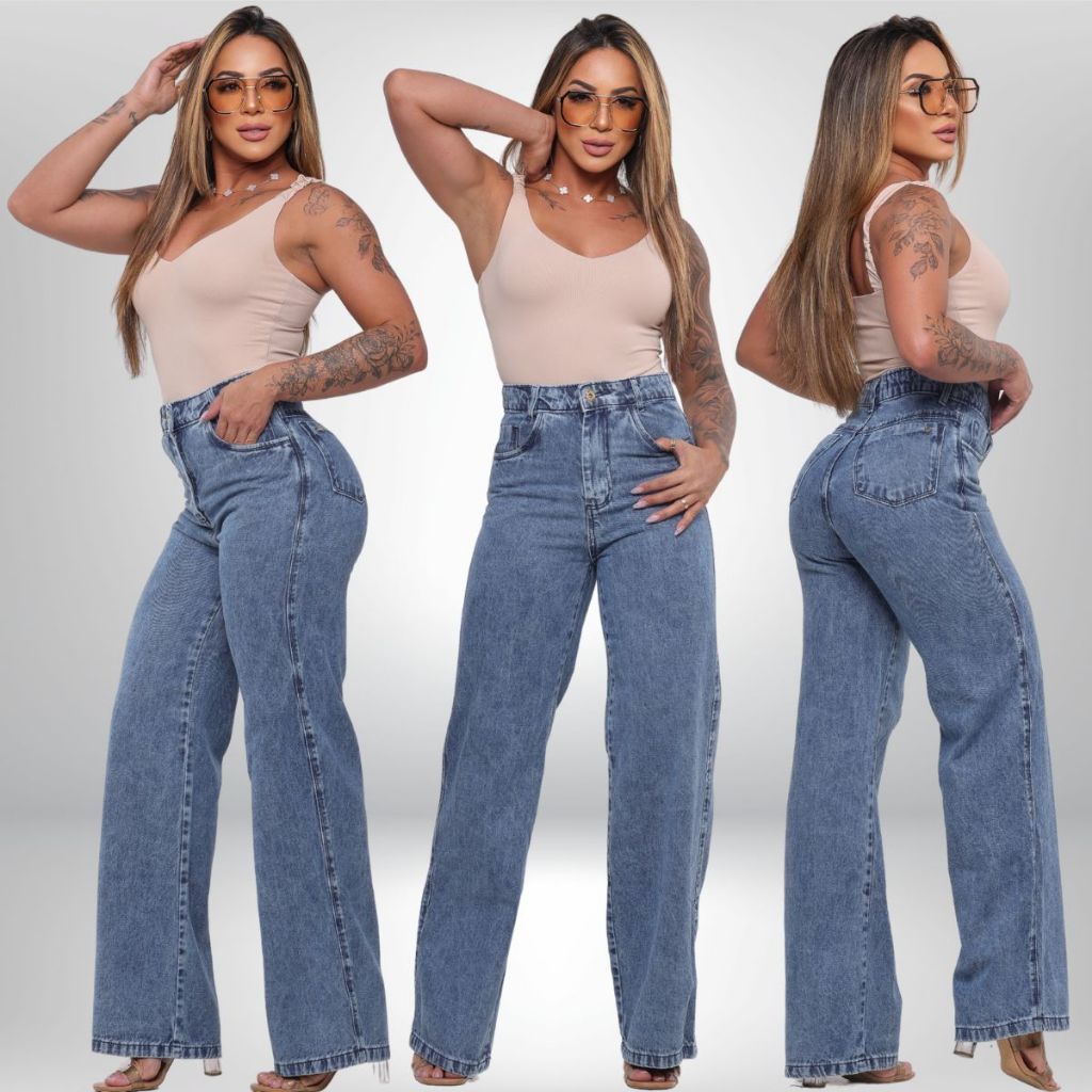 Calça Jeans Feminina Wide Leg Pantalona Marmorizada Cintura Alta 100% Algodão Premium