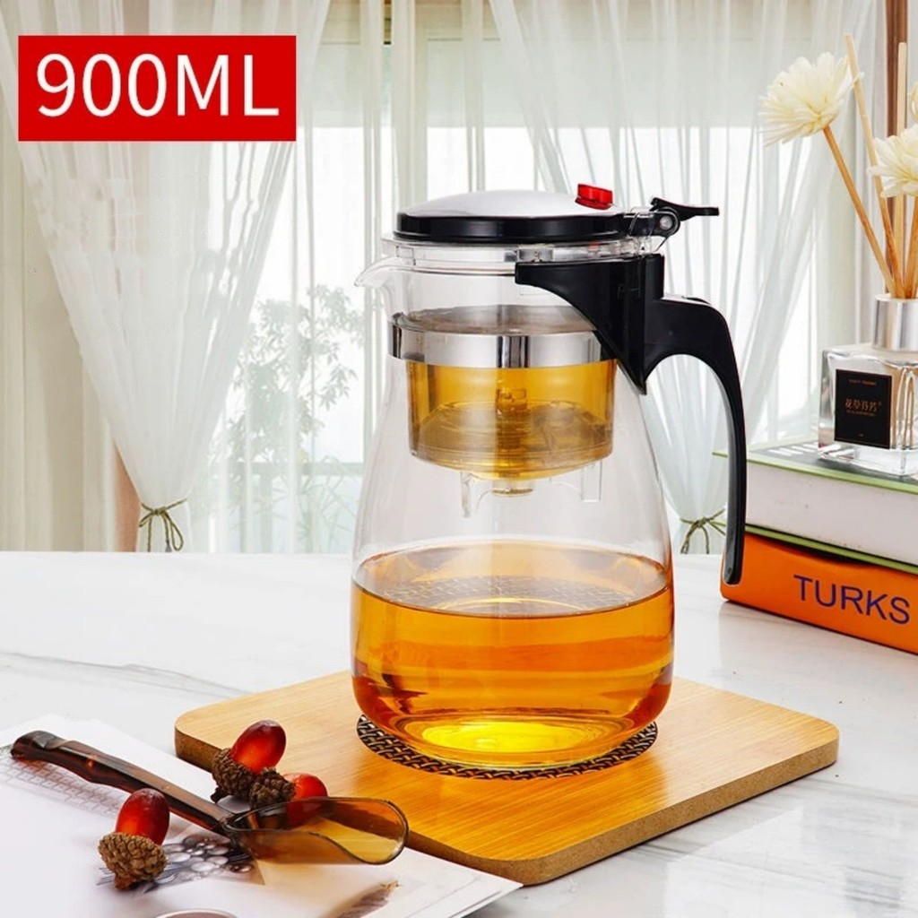 Chaleira Bule Jarra de Vidro 900ML Com Tampa de Chá de um Toque Para Chá Com Infusor Reutilizável