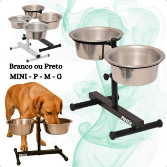 Comedouro Duplo Elevado Alto Ajustável Regulável pra Cachorro P, M, G e Mini Gatos/Filhotes