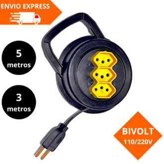 EXTENSÃO 3/5 METROS REDONDA RETRATIL 110-220V bivolt 3 ENTRADAS - COR SORTIDA