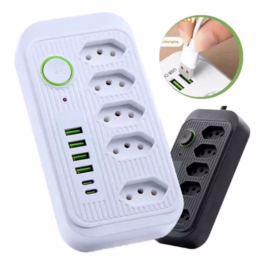 Extensão 5 Tomadas 4 USB 2 TypeC Universal Bivolt 110v/220v 2500W Power 2m Filtro De Linha Segurança