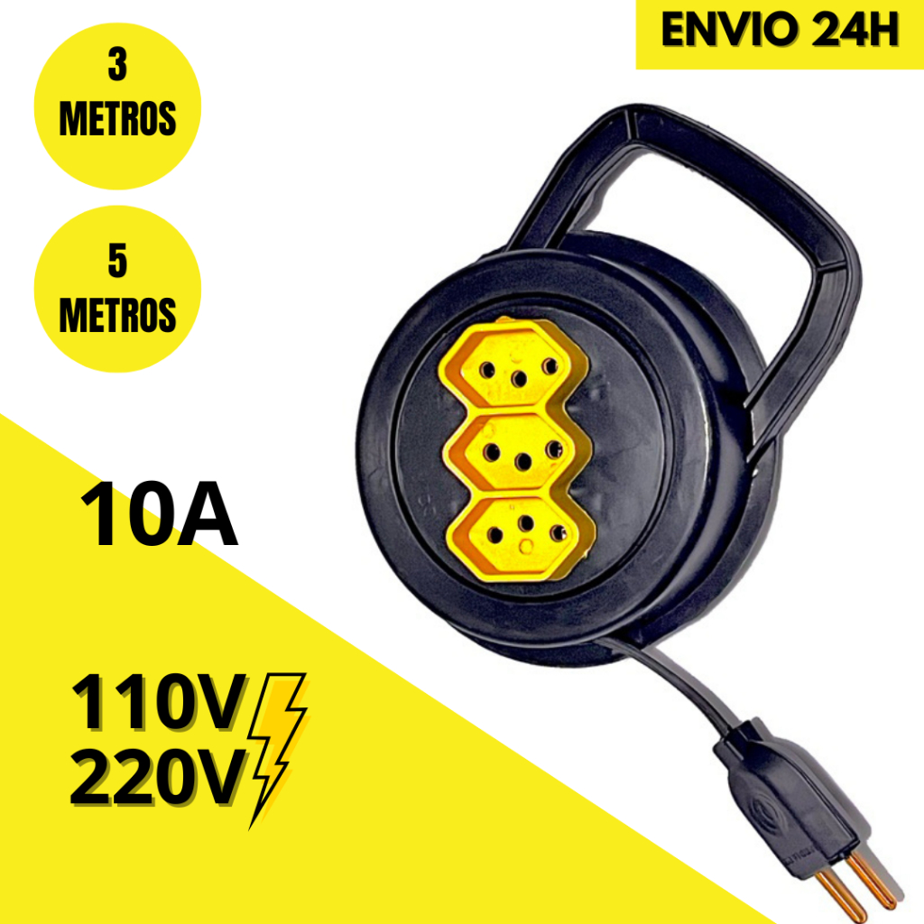 EXTENSÃO ELÉTRICA 3/5 METROS RETRATIL 110/220V 10A TRIPOLAR - COR SORTIDA