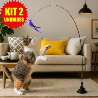 Kit 2 Brinquedo Varinha Gato Pena de Passaro Com Ventosa Fixa No Chao