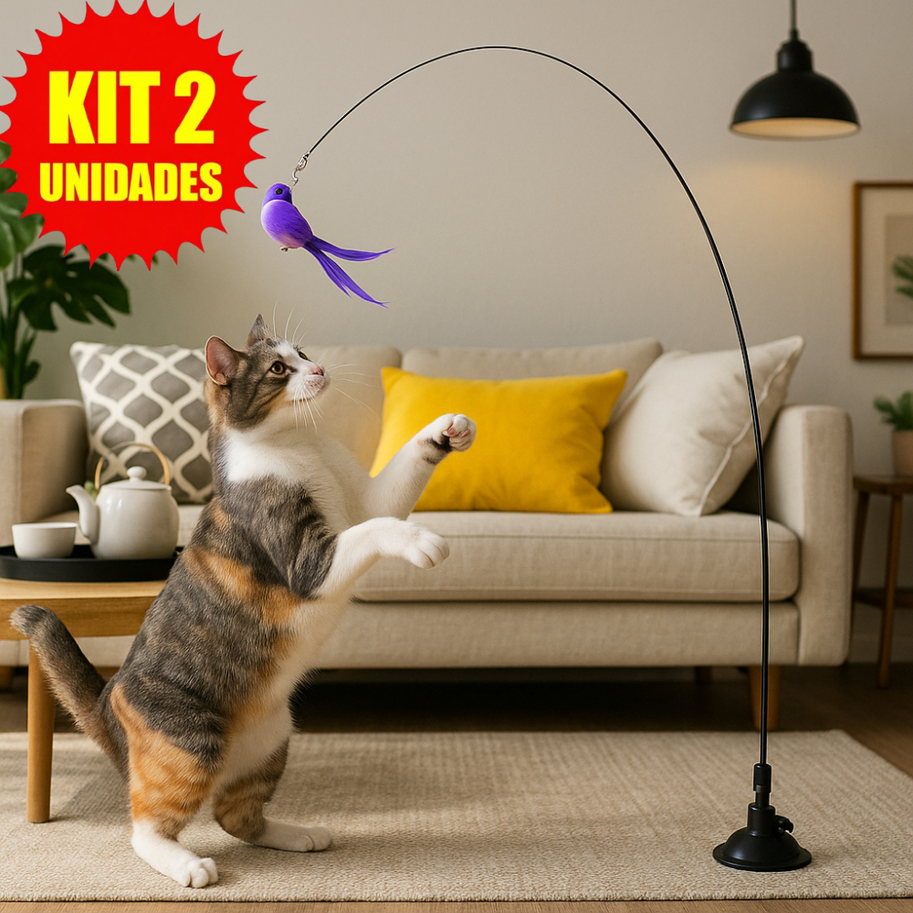 Kit 2 Brinquedo Varinha Gato Pena de Passaro Com Ventosa Fixa No Chao