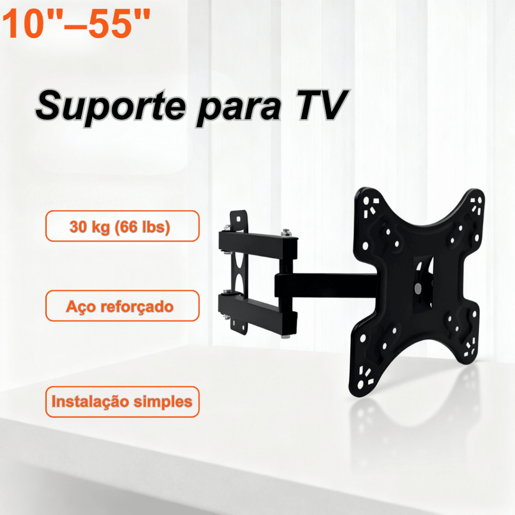 Suporte TV Articulado Parede 10–55” VESA 75x75/100x100/200x200, 30kg, Inclina e Gira