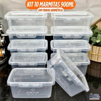 Kit 10 Marmita Potes 900ml Travas Laterais Reutilizável - Livre de BPA Alimentos organiza congelador