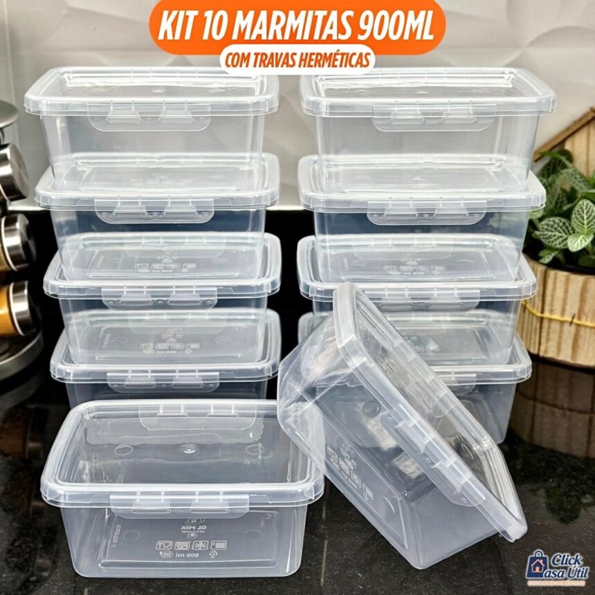 Kit 10 Marmita Potes 900ml Travas Laterais Reutilizável - Livre de BPA Alimentos organiza congelador