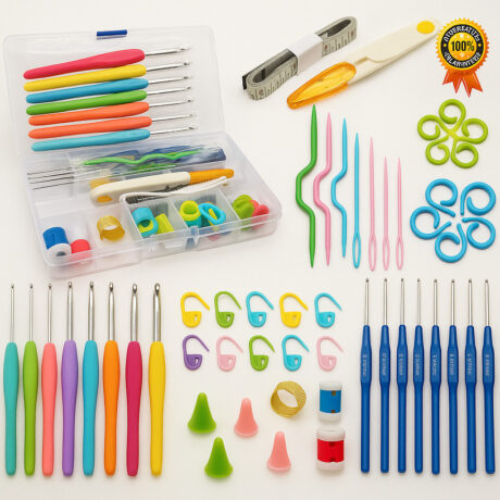 Kit Crochê Completo 53 Peças Para Fazer Amigurumi Agulhas Cabo Soft Tesoura Acessórios Lar das Fitas Marcadores Estojo